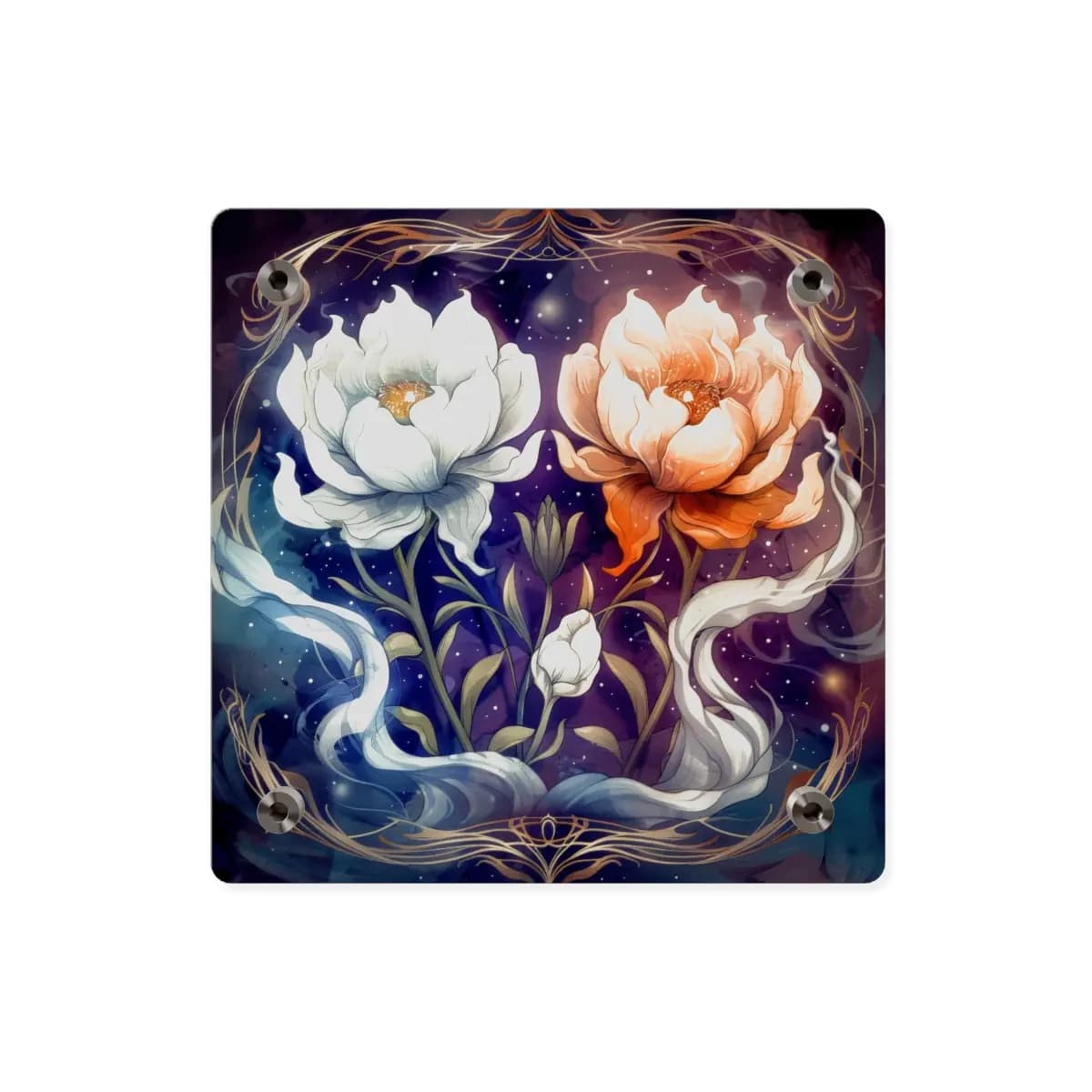 Two Celestial Peonies in Mystical Duality - Acrylic Wall Art Panels mockup angle 2