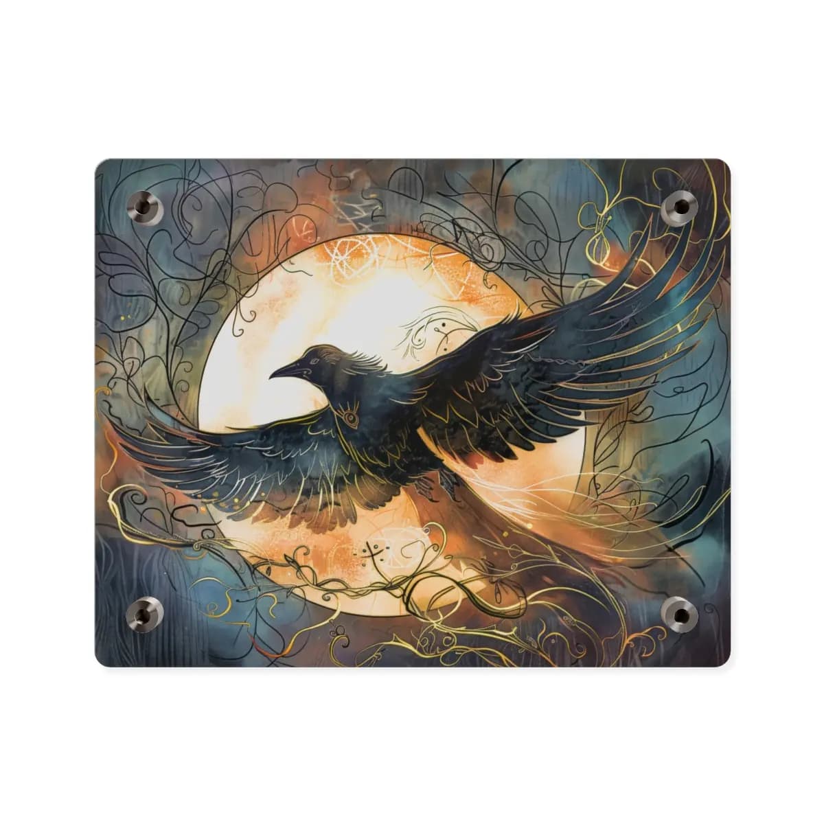Black Raven in Flight Before the Golden Moon - Acrylic Wall Art Panels mockup angle 2