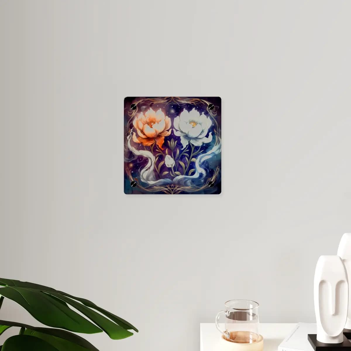 Two Celestial Peonies in Mystical Duality - Acrylic Wall Art Panels mockup angle 3