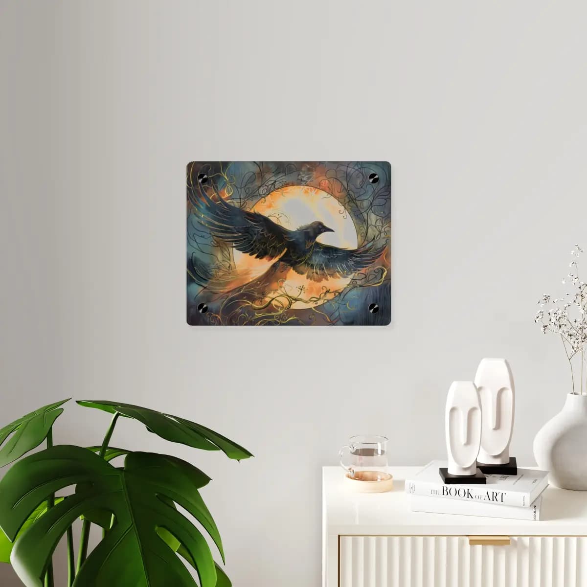 Black Raven in Flight Before the Golden Moon - Acrylic Wall Art Panels mockup angle 3
