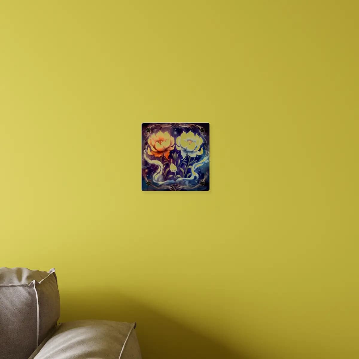 Two Celestial Peonies in Mystical Duality - Acrylic Wall Art Panels mockup angle 4