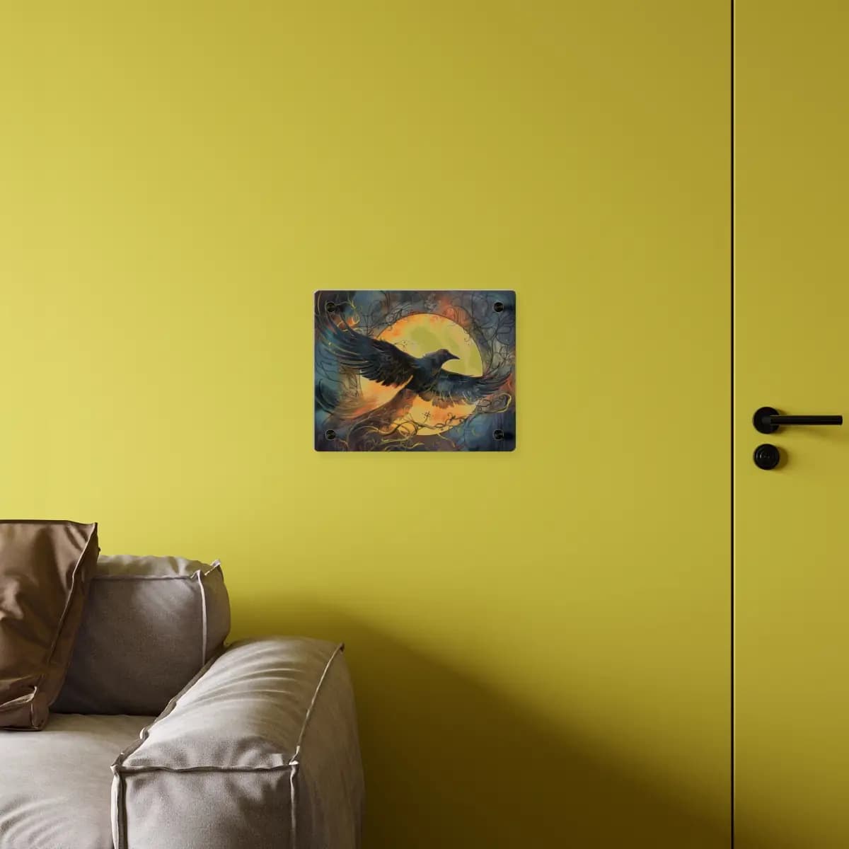 Black Raven in Flight Before the Golden Moon - Acrylic Wall Art Panels mockup angle 4