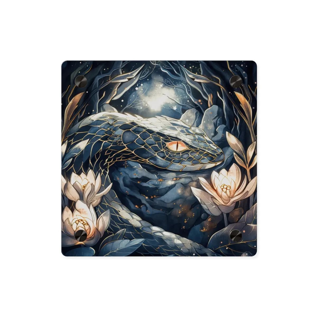 The Celestial Serpent Among Glowing Lotus Blooms - Acrylic Wall Art Panels mockup angle 1