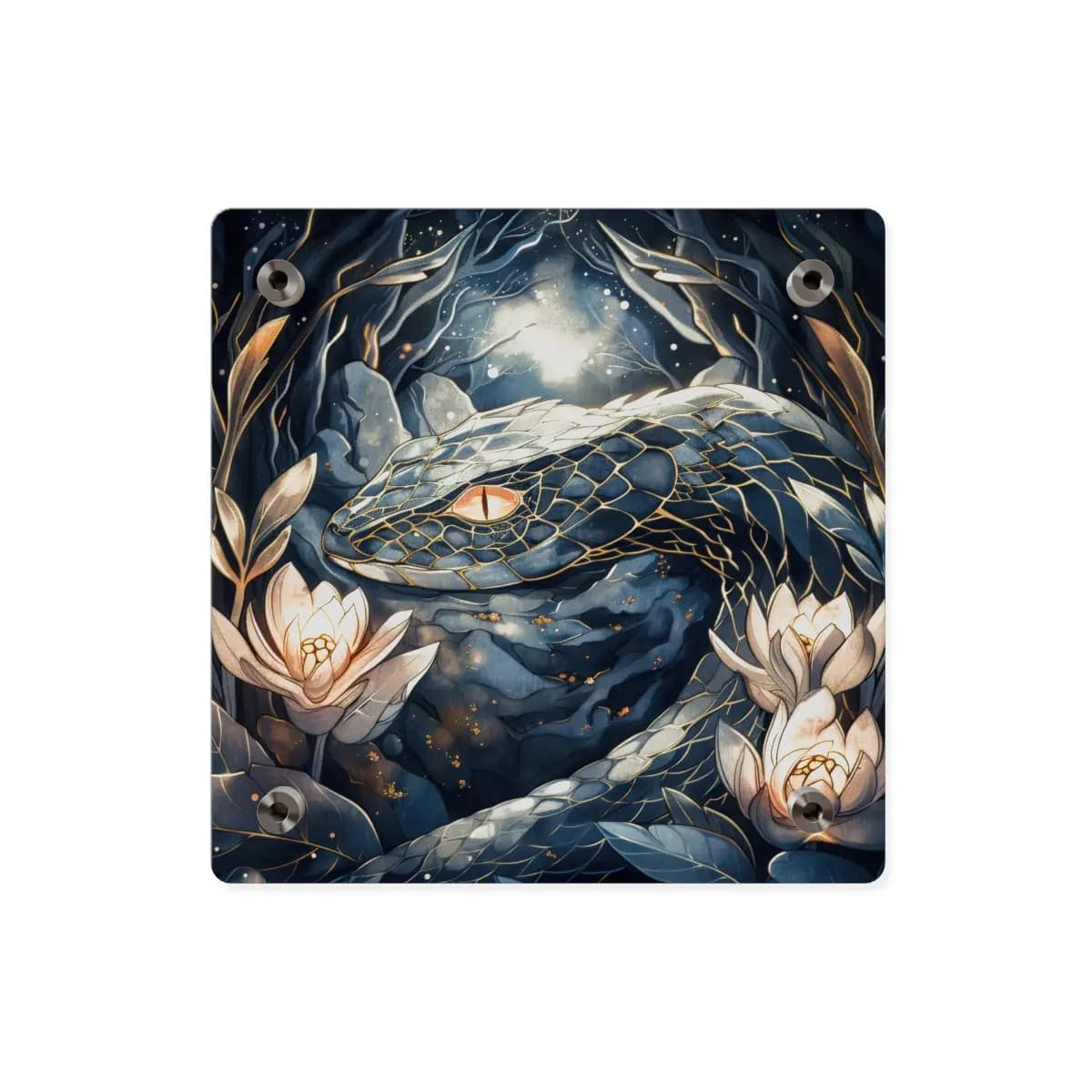 The Celestial Serpent Among Glowing Lotus Blooms - Acrylic Wall Art Panels mockup angle 2