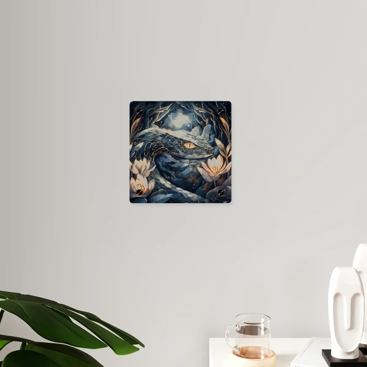 The Celestial Serpent Among Glowing Lotus Blooms - Acrylic Wall Art Panels mockup angle 3