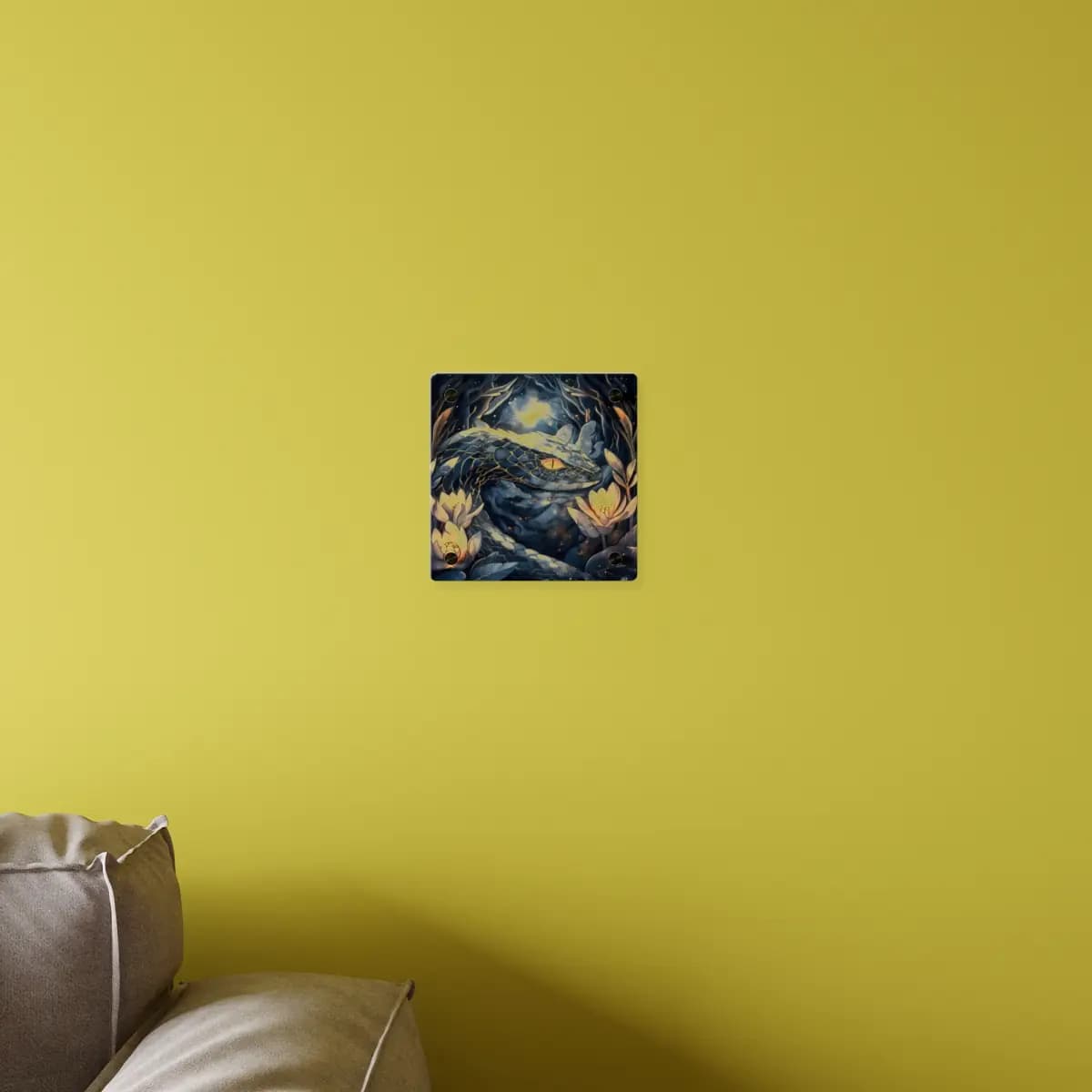 The Celestial Serpent Among Glowing Lotus Blooms - Acrylic Wall Art Panels mockup angle 4