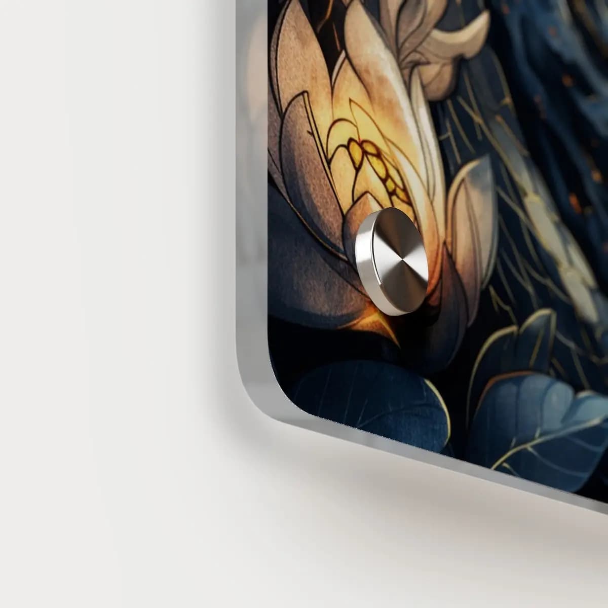 The Celestial Serpent Among Glowing Lotus Blooms - Acrylic Wall Art Panels mockup angle 5