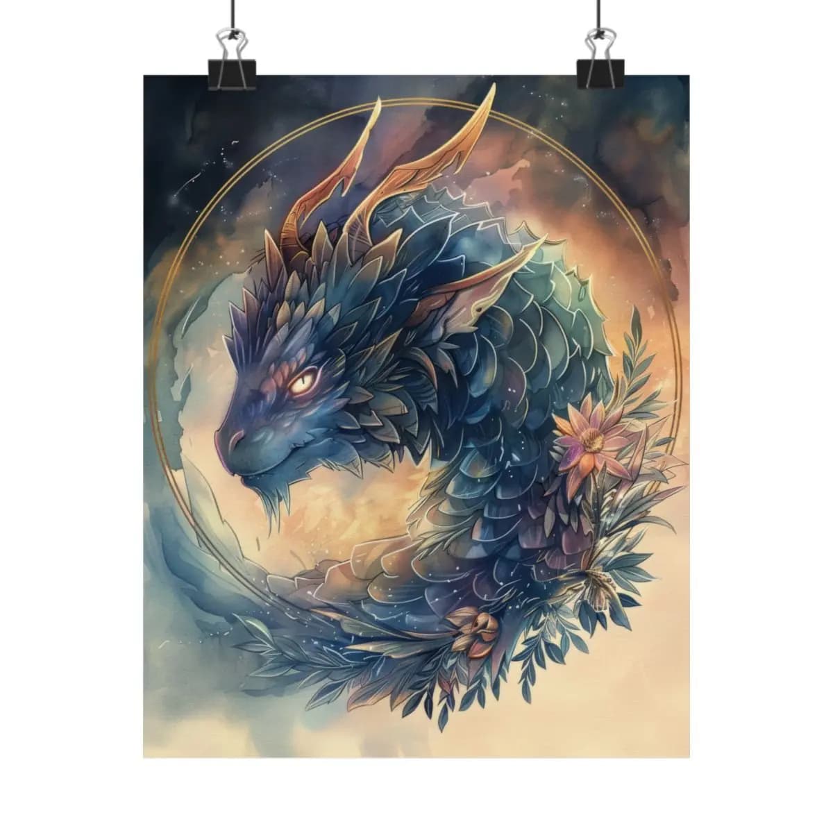 Night-Scaled Celestial Dragon Among Blooms - Matte Vertical Posters mockup angle 1