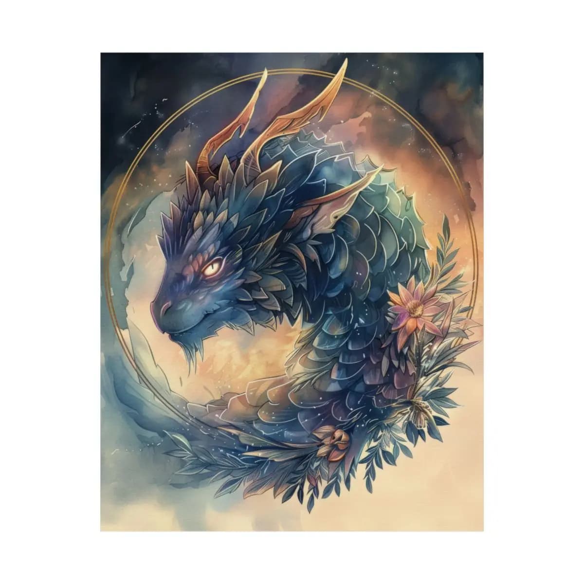 Night-Scaled Celestial Dragon Among Blooms - Matte Vertical Posters mockup angle 2