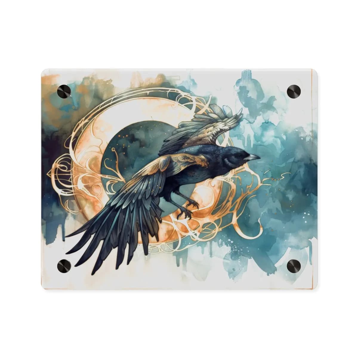 Raven in Flight Before a Golden Disc - Acrylic Wall Art Panels mockup angle 1