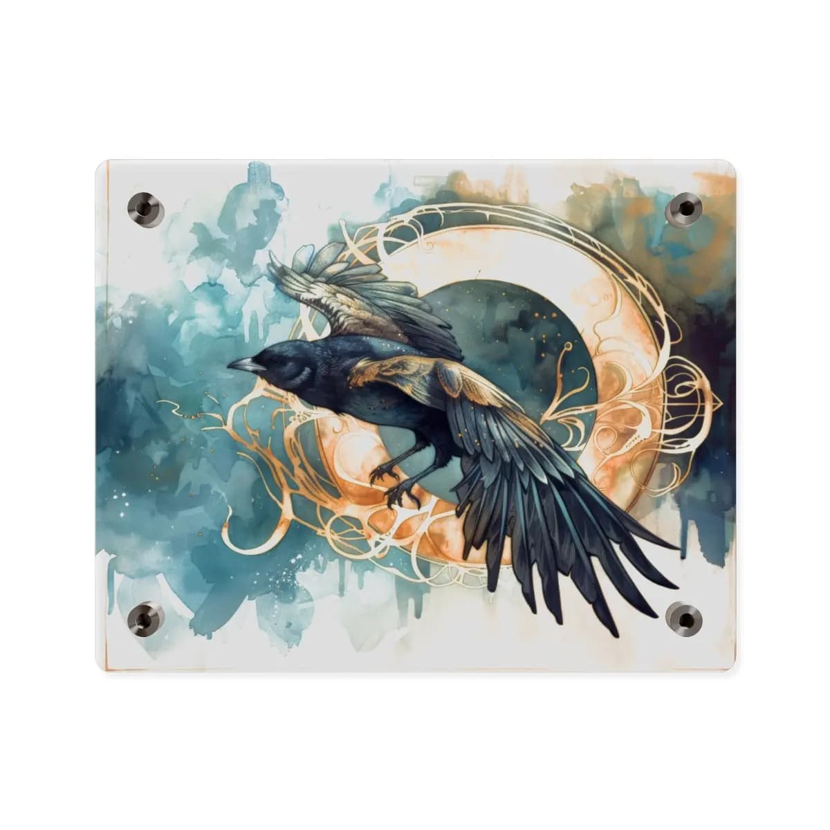 Raven in Flight Before a Golden Disc - Acrylic Wall Art Panels mockup angle 2