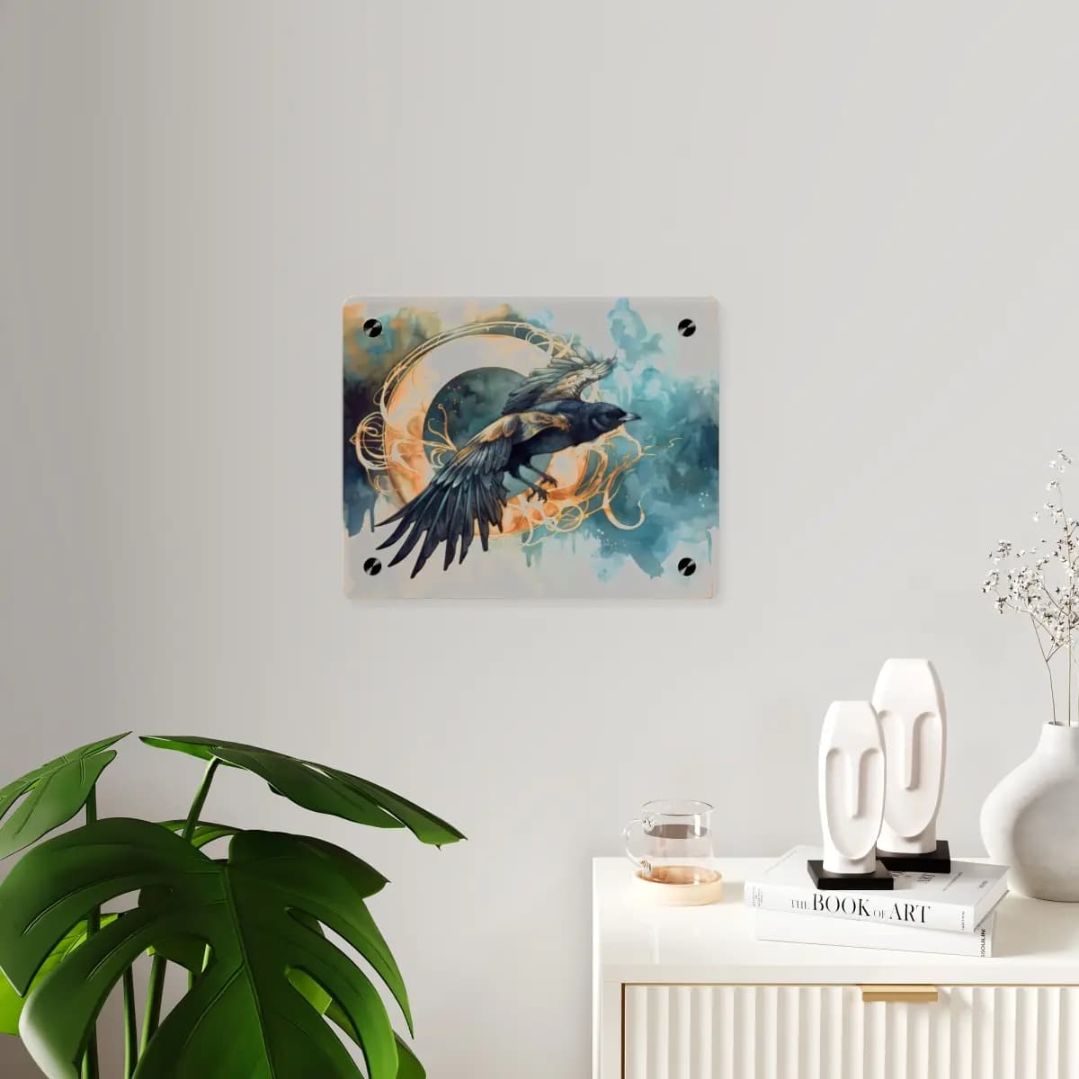 Raven in Flight Before a Golden Disc - Acrylic Wall Art Panels mockup angle 3