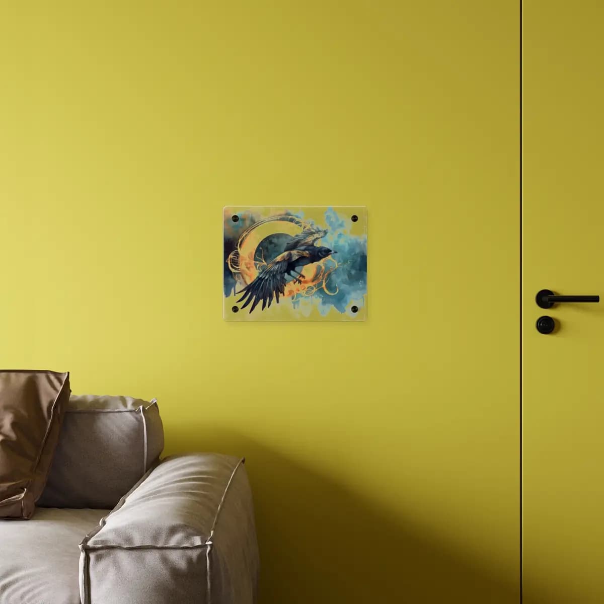 Raven in Flight Before a Golden Disc - Acrylic Wall Art Panels mockup angle 4