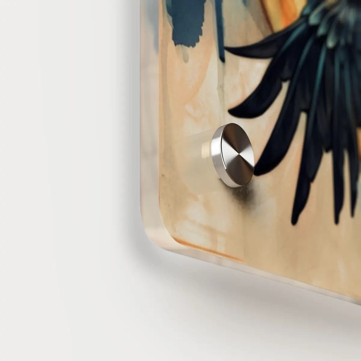 Raven in Flight Before a Golden Disc - Acrylic Wall Art Panels mockup angle 5