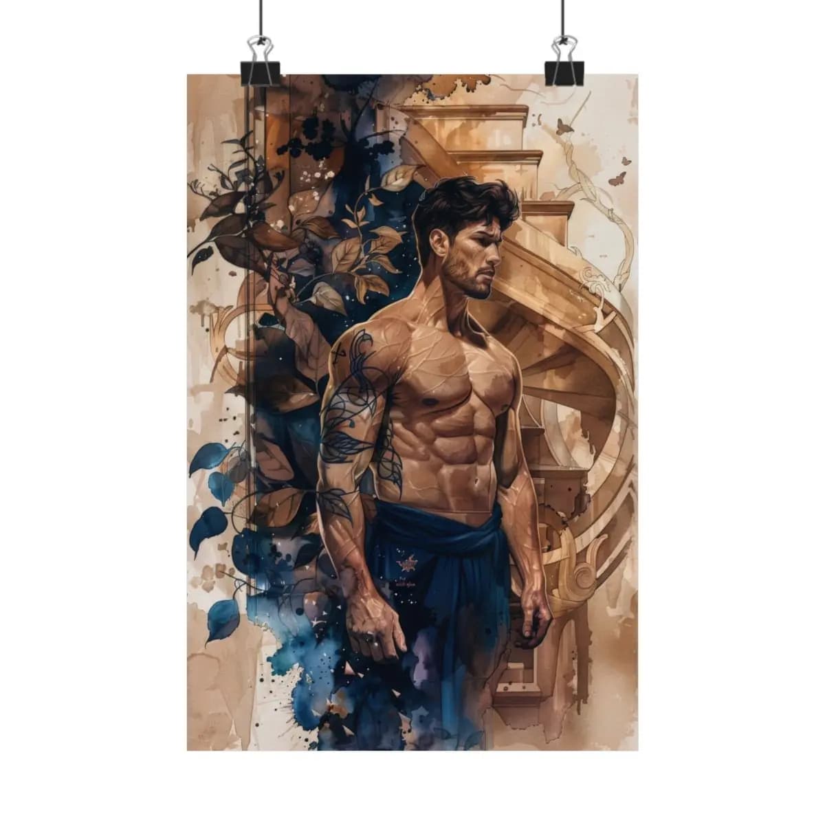 Tattooed Man Among Blue Leaves and Golden Stairs - Matte Vertical Posters mockup angle 1