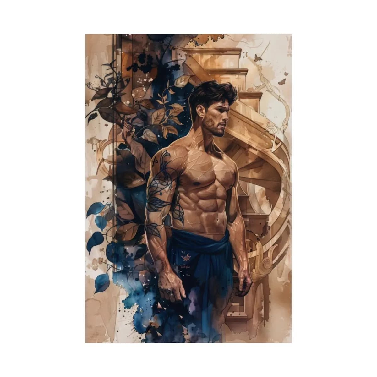 Tattooed Man Among Blue Leaves and Golden Stairs - Matte Vertical Posters mockup angle 2