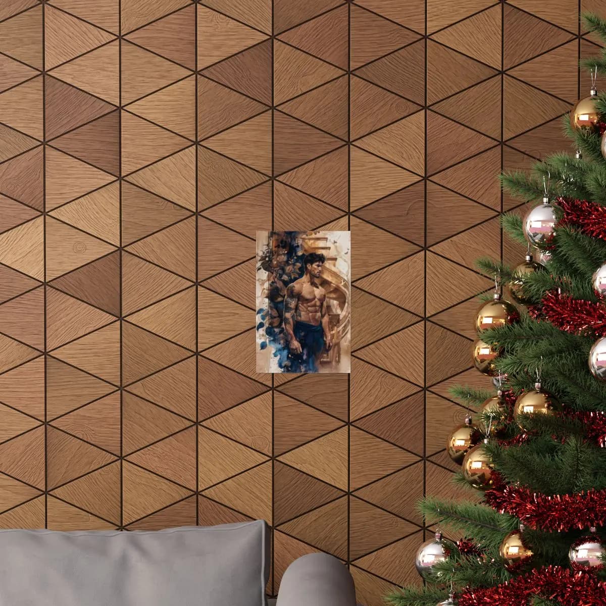 Tattooed Man Among Blue Leaves and Golden Stairs - Matte Vertical Posters mockup angle 4