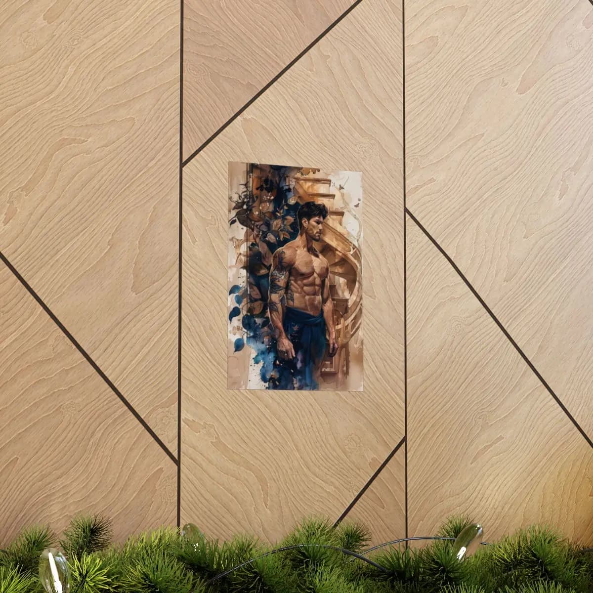 Tattooed Man Among Blue Leaves and Golden Stairs - Matte Vertical Posters mockup angle 5
