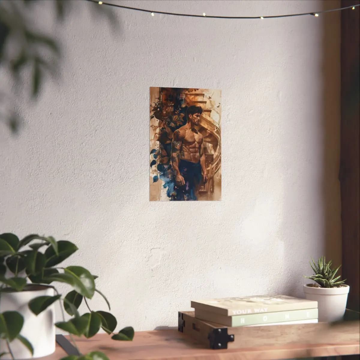 Tattooed Man Among Blue Leaves and Golden Stairs - Matte Vertical Posters mockup angle 6