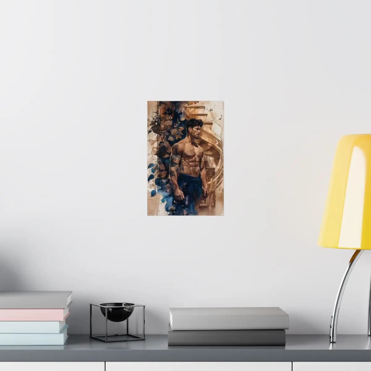 Tattooed Man Among Blue Leaves and Golden Stairs - Matte Vertical Posters mockup angle 8