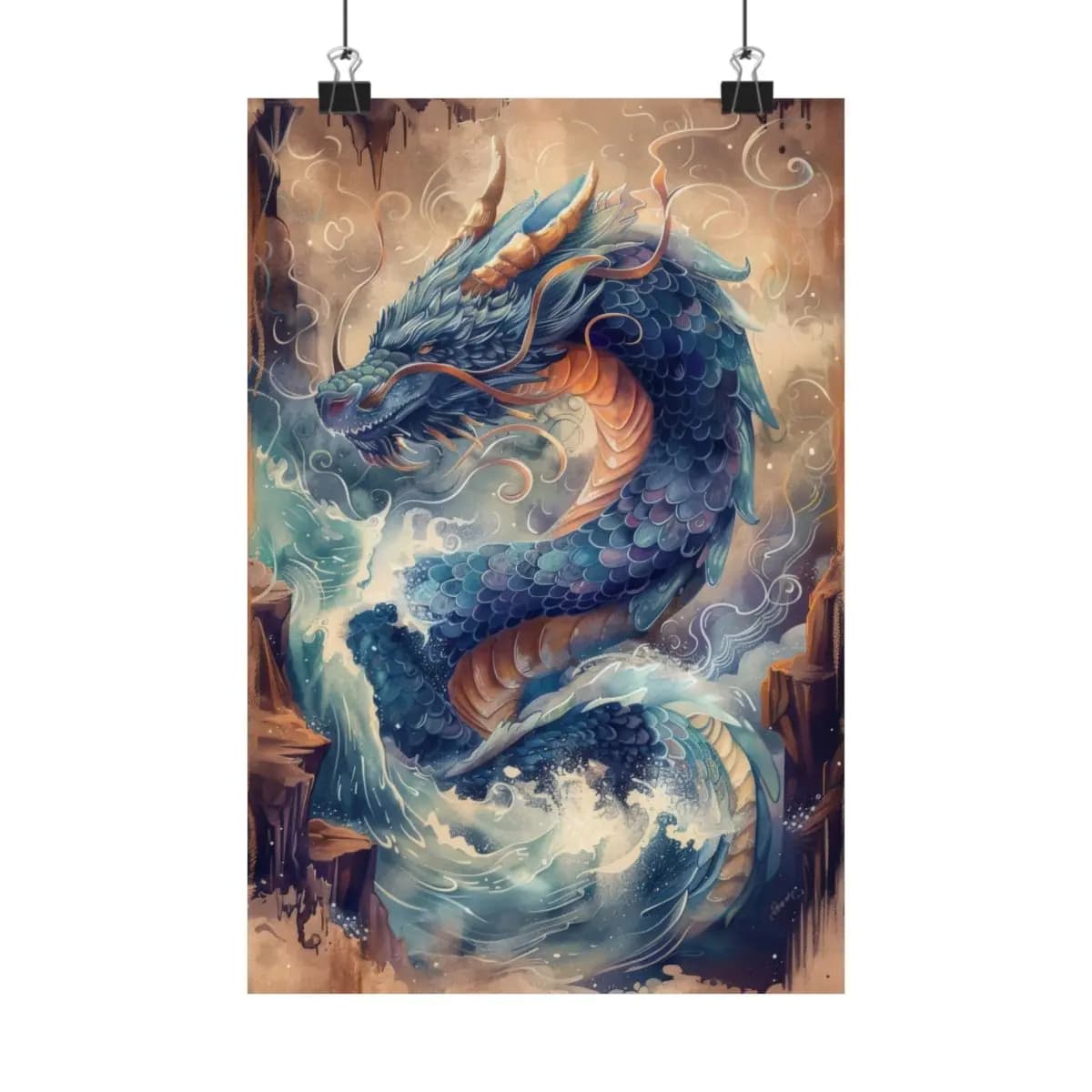 Sea Dragon Rising from Crashing Waves - Matte Vertical Posters mockup angle 1
