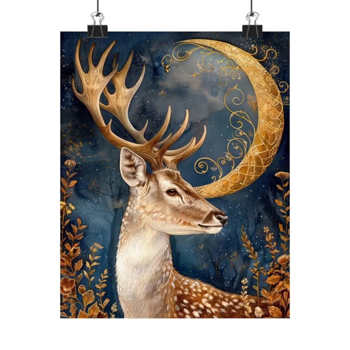 Majestic Stag Beneath a Golden Crescent Moon - Matte Vertical Posters mockup angle 1