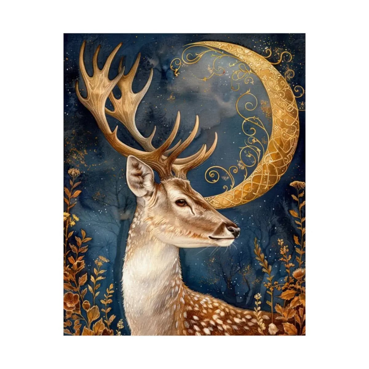 Majestic Stag Beneath a Golden Crescent Moon - Matte Vertical Posters mockup angle 2