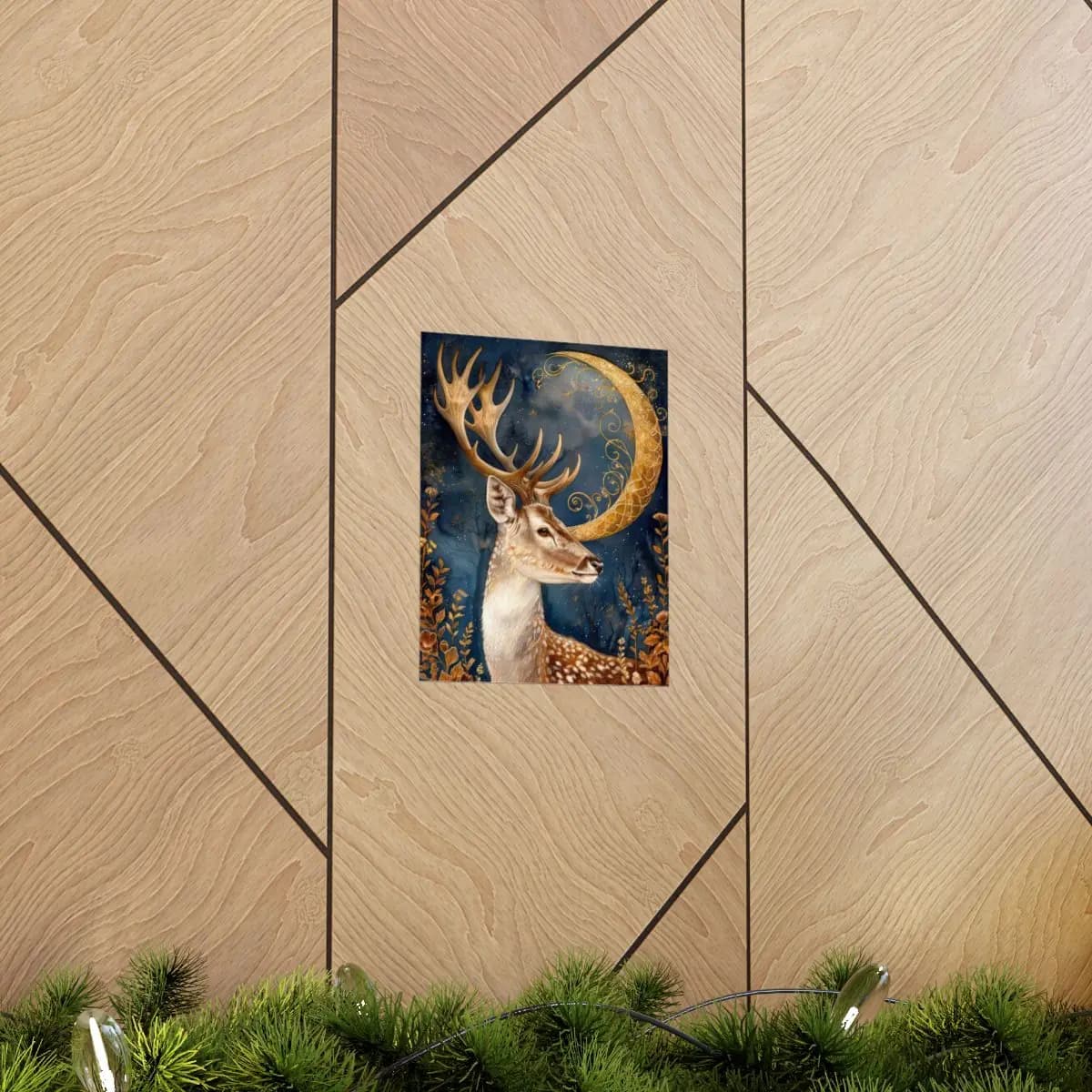 Majestic Stag Beneath a Golden Crescent Moon - Matte Vertical Posters mockup angle 5