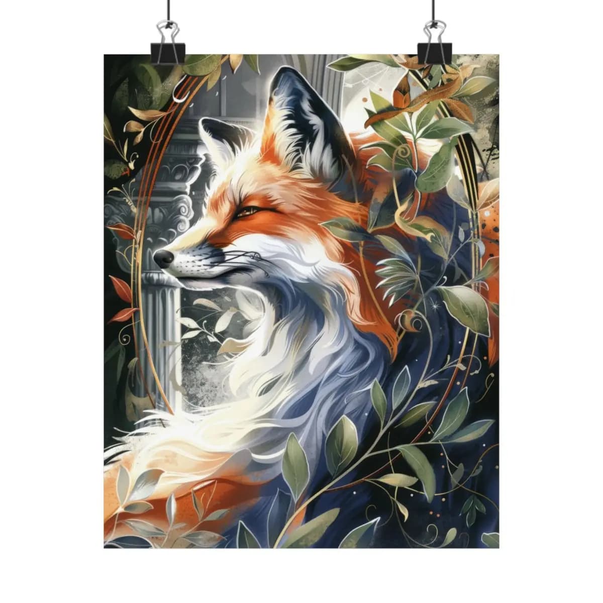 Red Fox Among Ancient Columns and Foliage - Matte Vertical Posters mockup angle 1