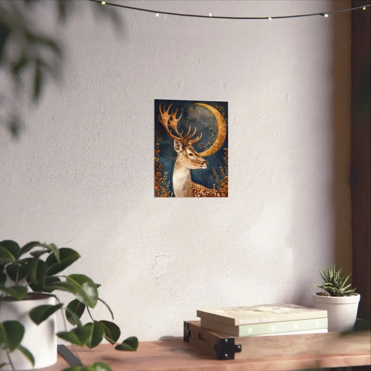 Majestic Stag Beneath a Golden Crescent Moon - Matte Vertical Posters mockup angle 6
