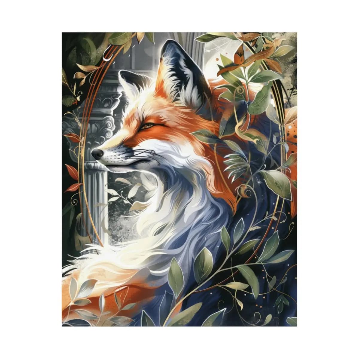Red Fox Among Ancient Columns and Foliage - Matte Vertical Posters mockup angle 2