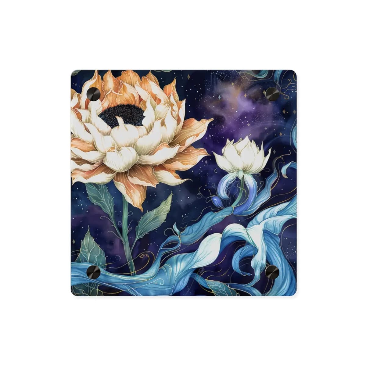 Cosmic Blooms Beneath a Starlit Sky - Acrylic Wall Art Panels mockup angle 1