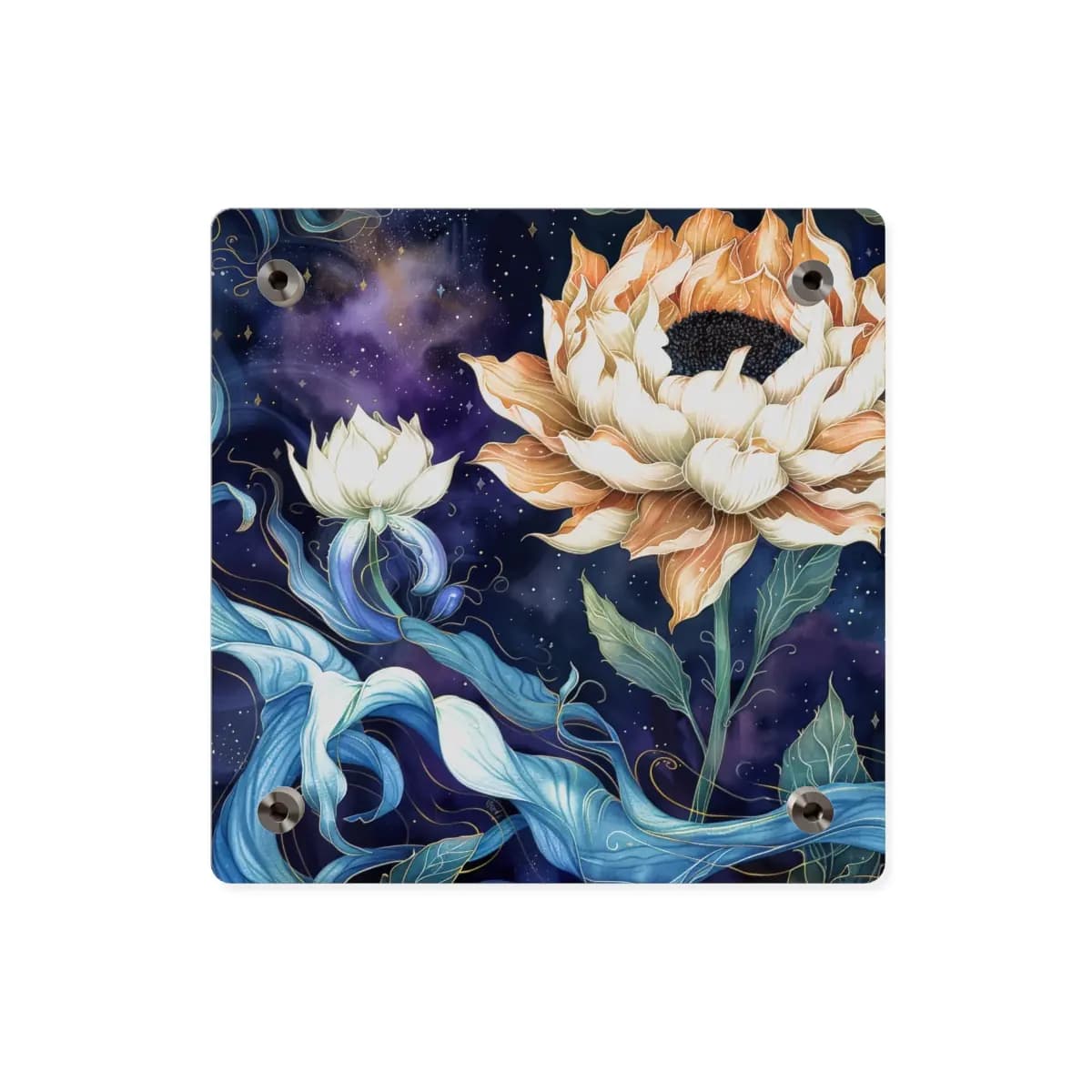 Cosmic Blooms Beneath a Starlit Sky - Acrylic Wall Art Panels mockup angle 2
