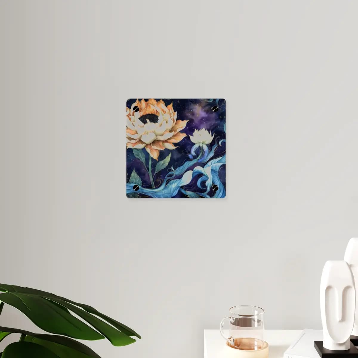 Cosmic Blooms Beneath a Starlit Sky - Acrylic Wall Art Panels mockup angle 3