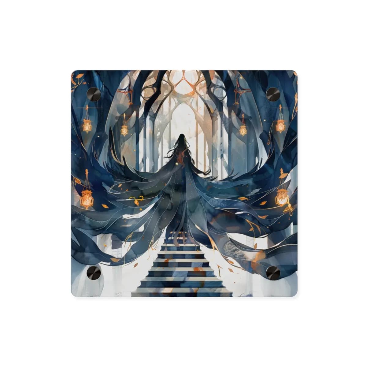 The Veiled Sorceress Ascending the Enchanted Temple - Acrylic Wall Art Panels mockup angle 1