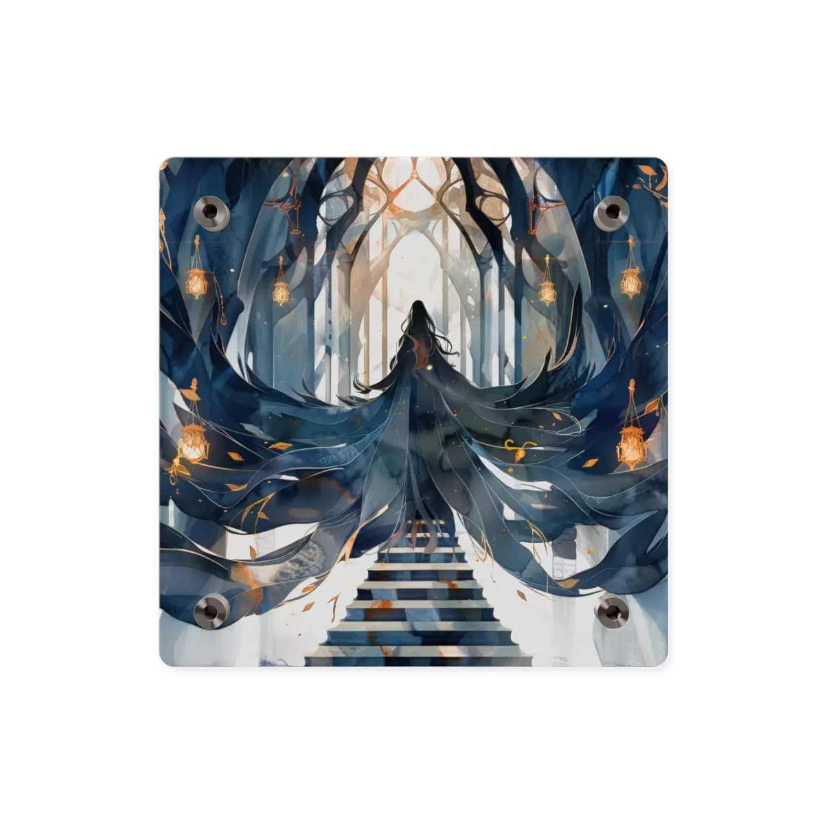 The Veiled Sorceress Ascending the Enchanted Temple - Acrylic Wall Art Panels mockup angle 2