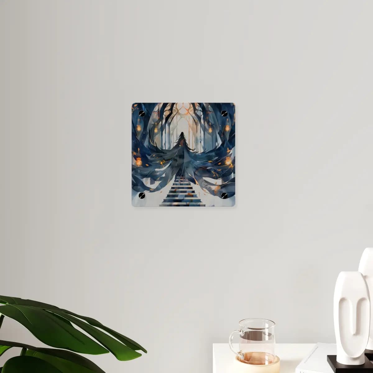 The Veiled Sorceress Ascending the Enchanted Temple - Acrylic Wall Art Panels mockup angle 3