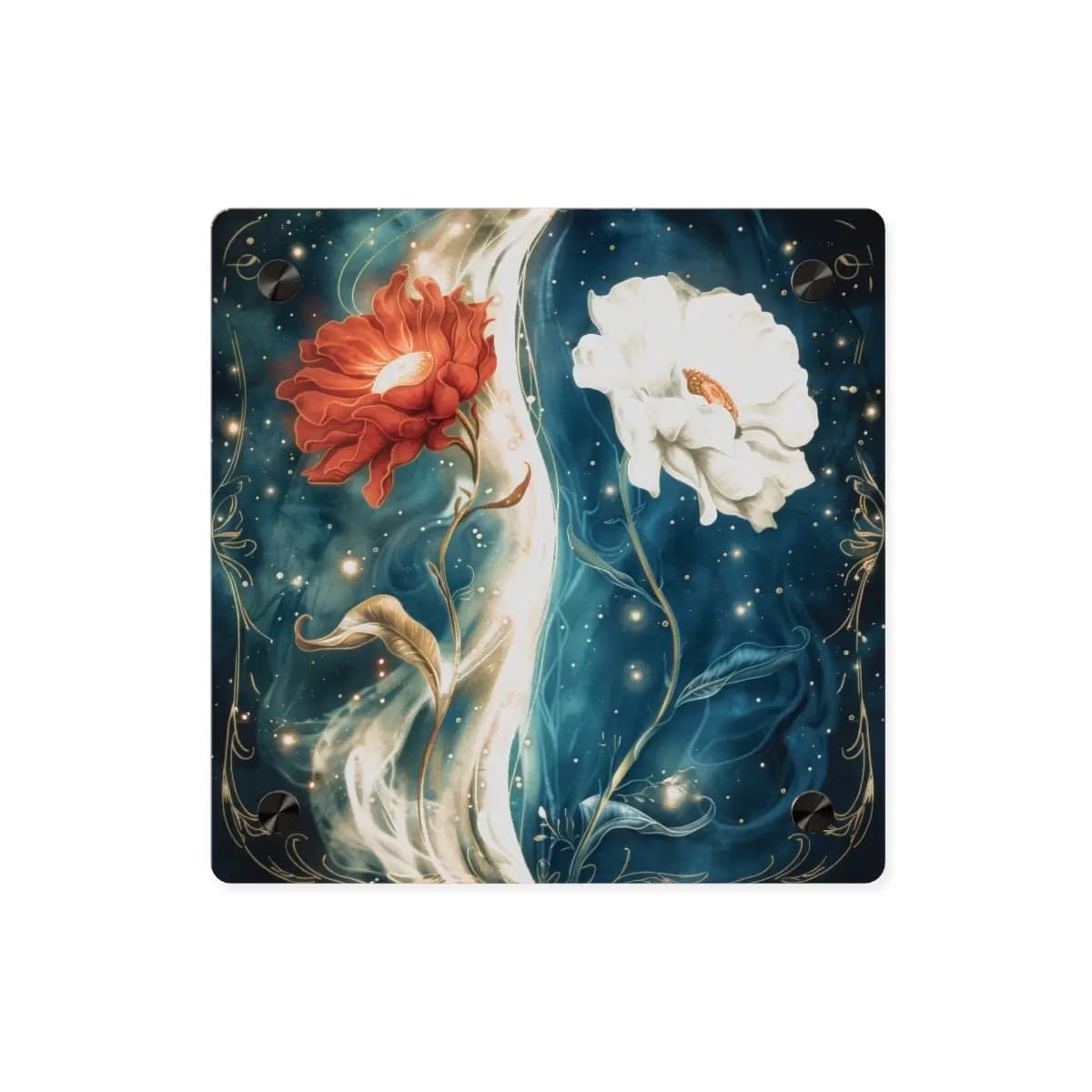 Two Blooms Entwined in Celestial Night - Acrylic Wall Art Panels mockup angle 1