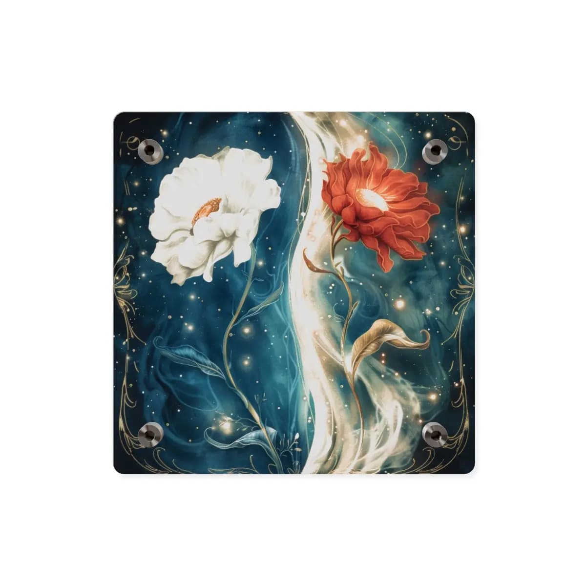 Two Blooms Entwined in Celestial Night - Acrylic Wall Art Panels mockup angle 2