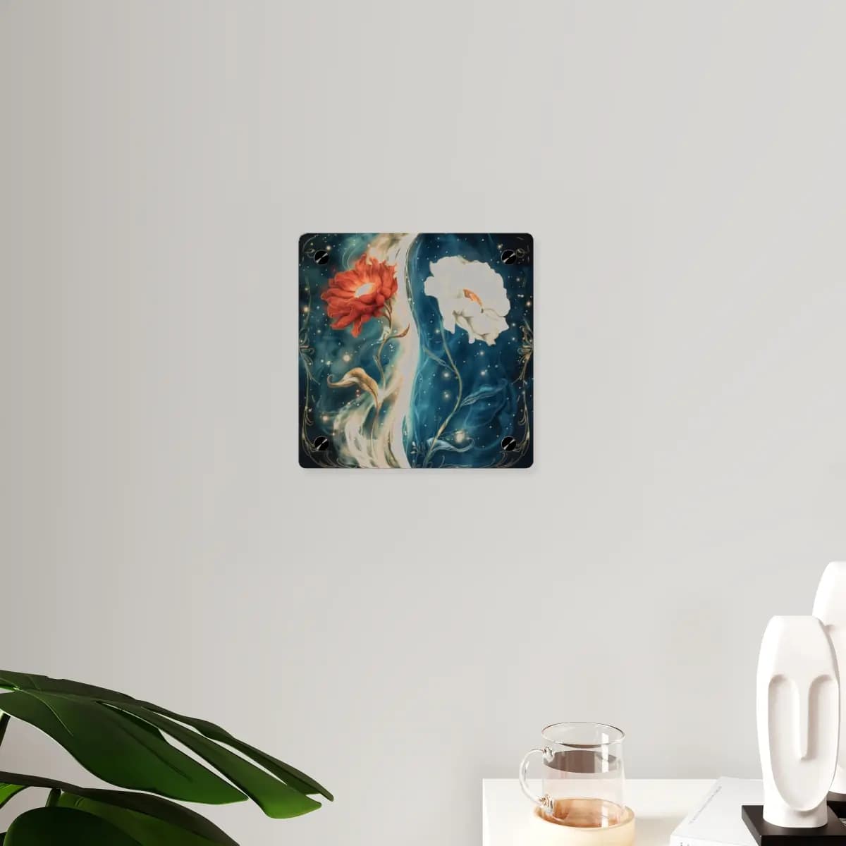 Two Blooms Entwined in Celestial Night - Acrylic Wall Art Panels mockup angle 3