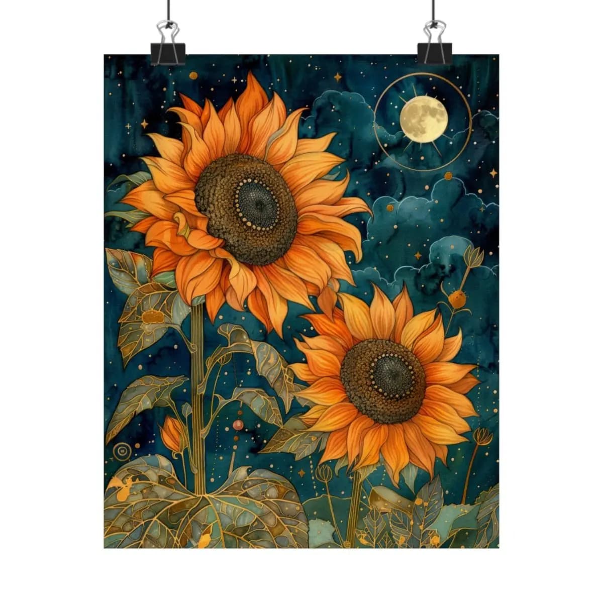 Blazing Sunflowers Beneath the Starlit Moon - Matte Vertical Posters mockup angle 1