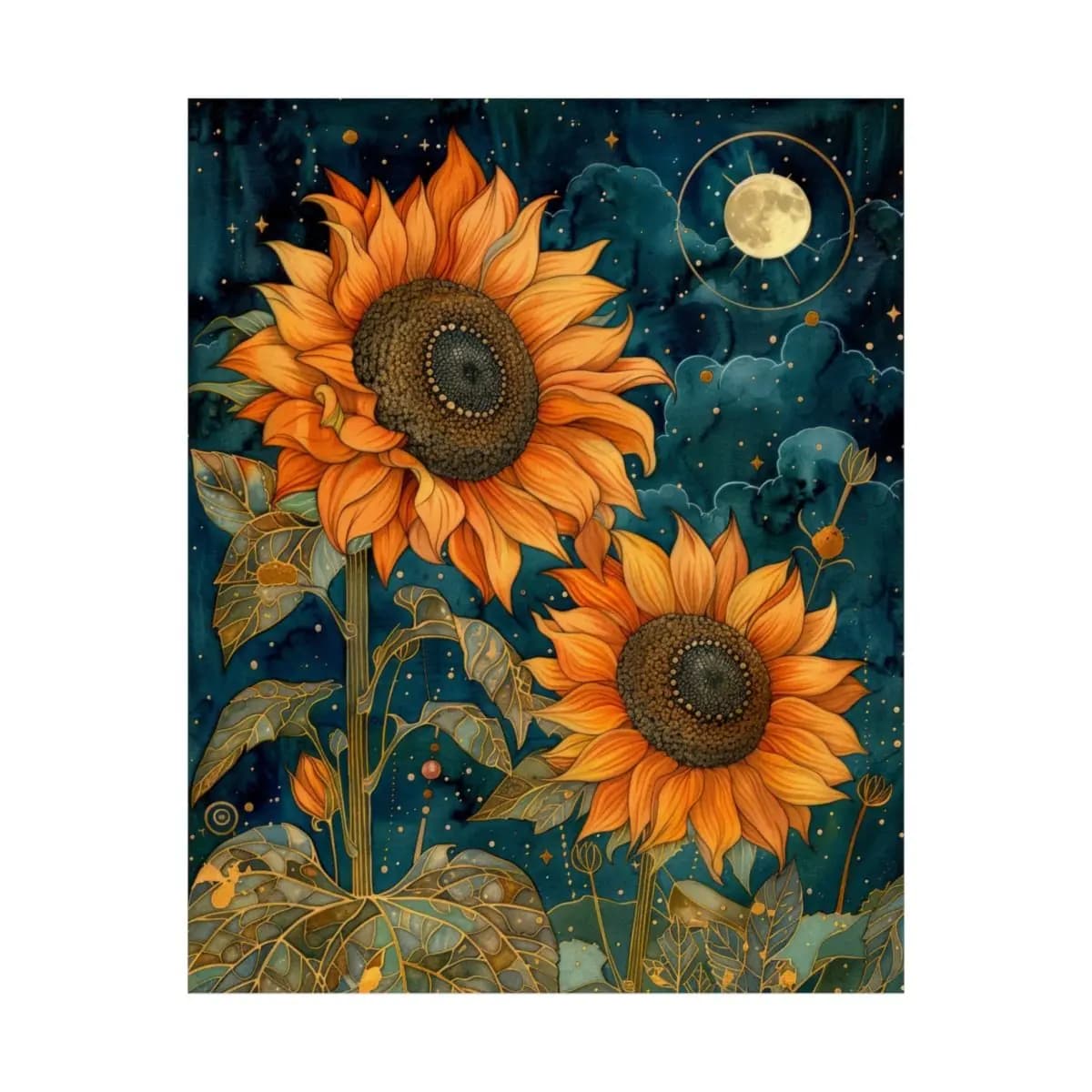 Blazing Sunflowers Beneath the Starlit Moon - Matte Vertical Posters mockup angle 2