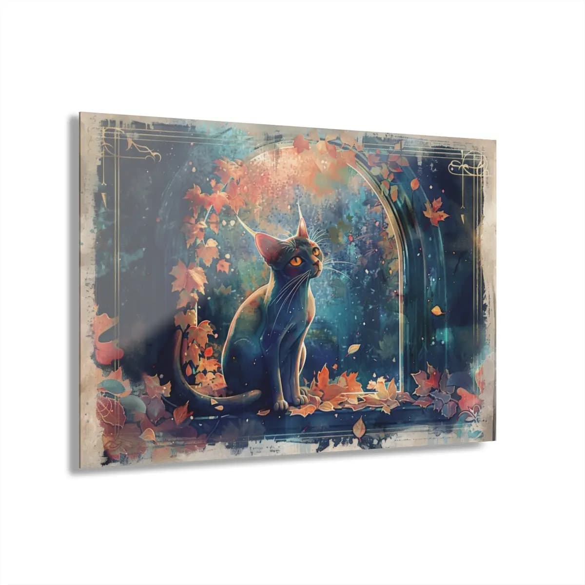 Mystical Cat Beneath the Autumn Leaf Arch - Acrylic Prints (French Cleat Hanging) mockup angle 1