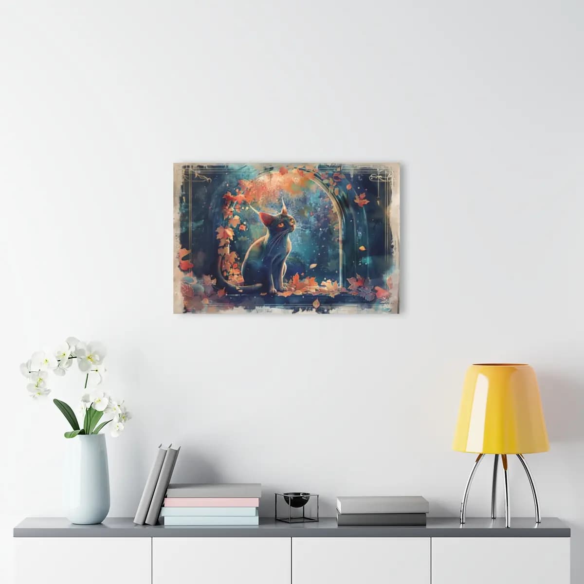 Mystical Cat Beneath the Autumn Leaf Arch - Acrylic Prints (French Cleat Hanging) mockup angle 4