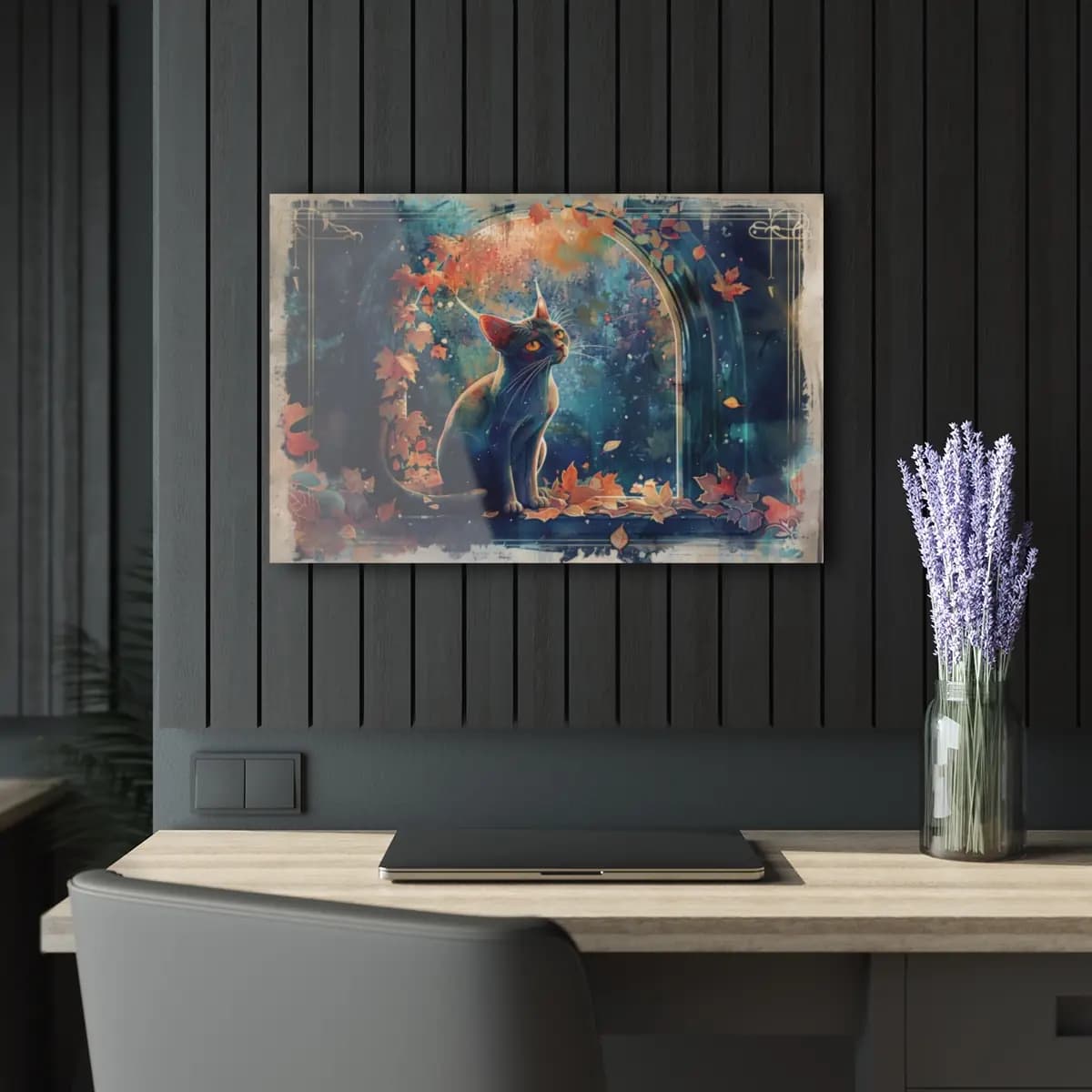 Mystical Cat Beneath the Autumn Leaf Arch - Acrylic Prints (French Cleat Hanging) mockup angle 5