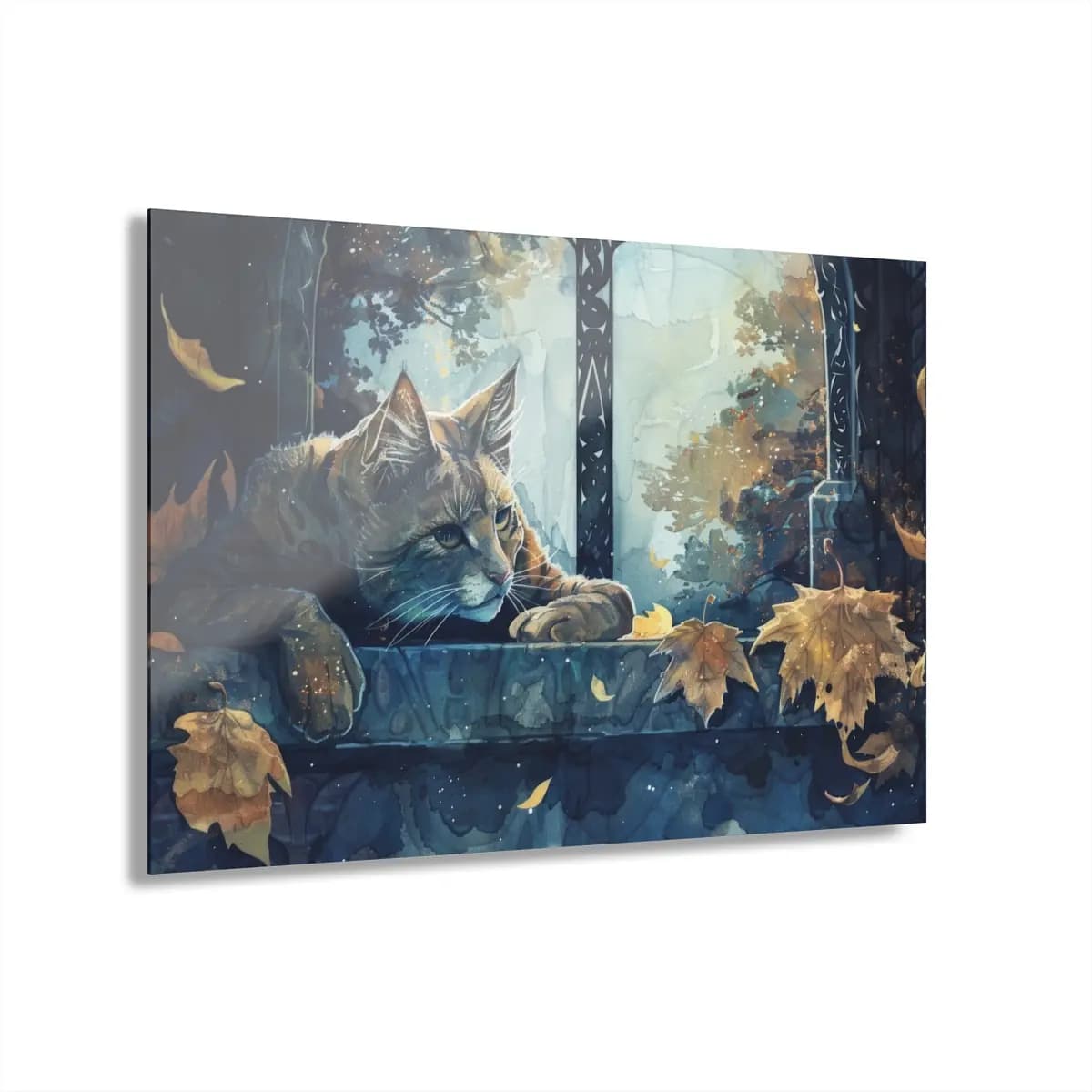 Russet Cat at an Autumn Window - Acrylic Prints (French Cleat Hanging) mockup angle 1