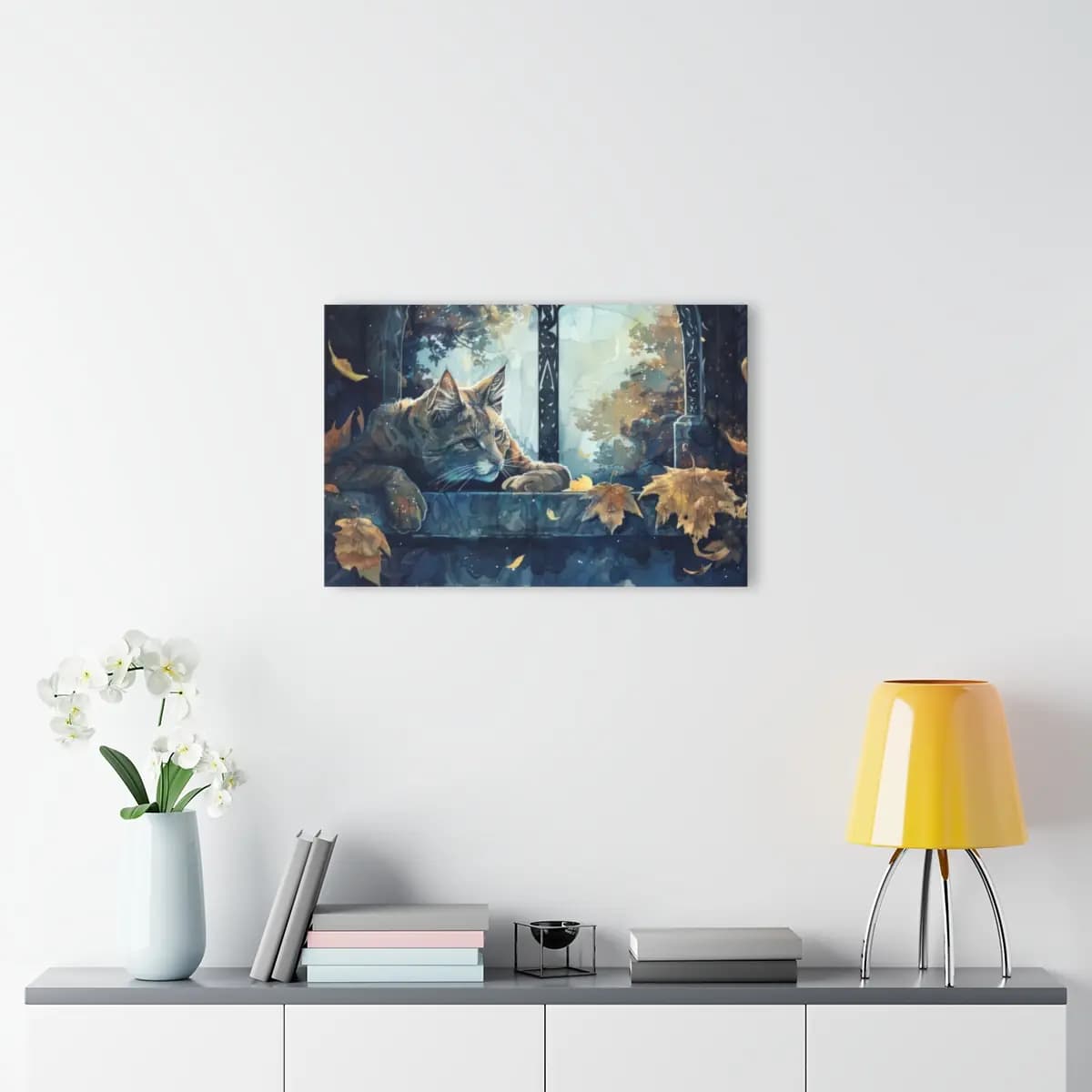 Russet Cat at an Autumn Window - Acrylic Prints (French Cleat Hanging) mockup angle 4