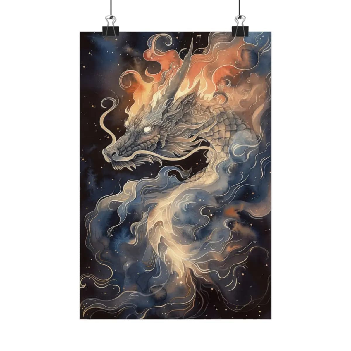 Celestial Dragon Rising Through Fire and Stars - Matte Vertical Posters mockup angle 1
