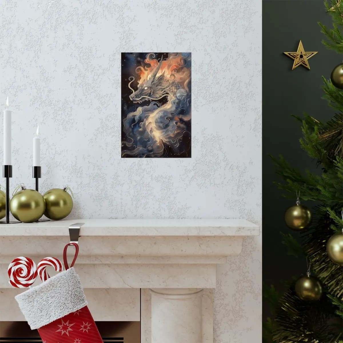 Celestial Dragon Rising Through Fire and Stars - Matte Vertical Posters mockup angle 7