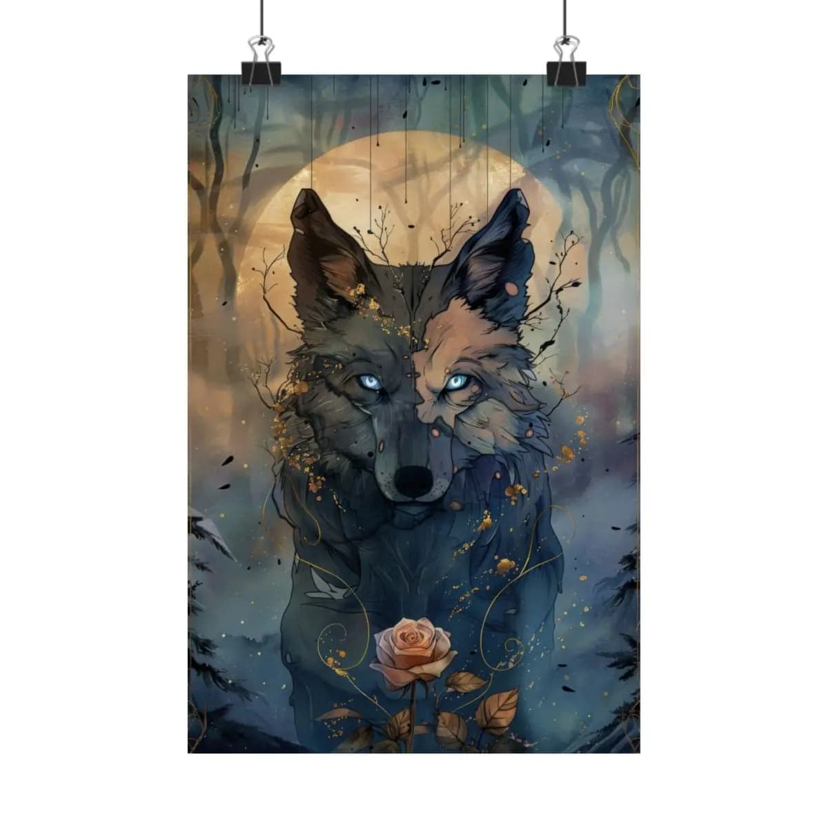 Mystical Blue-Eyed Wolf Beneath the Golden Moon - Matte Vertical Posters mockup angle 1